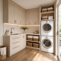 Meuble de buanderie en aluminium au design moderne avec panier à linge, évier extérieur en bois avec armoire, meuble de buanderie au design moderne