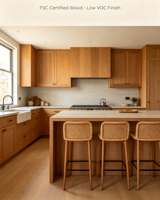Meubles de cuisine XINGRUO au design esthétique et texture naturelle - Armoires en bois écologiques sur mesure avec garde-manger intégré et bar à petit-déjeuner