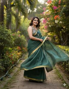 Magnifique sari en soie Kota Doriya vert pour femmes, luxueux, léger, tenue de fête, tenue de réception de mariage en provenance d'Inde - Product Image 1