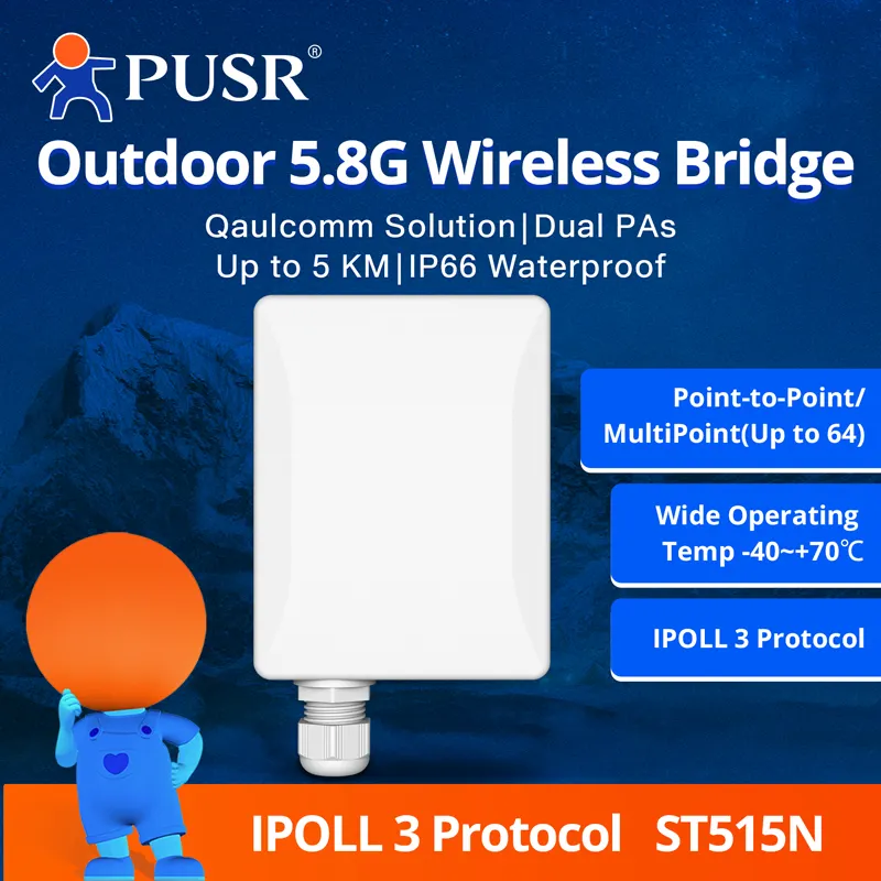 PUSR पॉइंट टू पॉइंट/मल्टीपॉइंट 5.8G वाईफाई वायरलेस ब्रिज IPOLL3 प्रोटोकॉल 5KM 300Mbps सपोर्ट QOS USR-ST515N