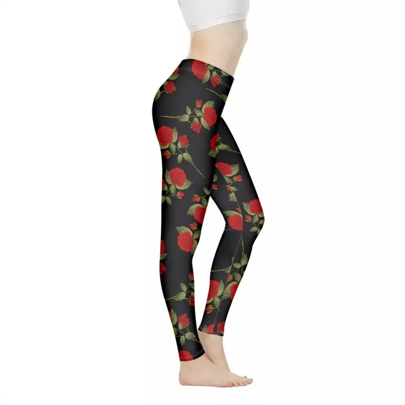 Red Rose Pattern Women Elastic Fitness Leggings High Quality Slim Fit Butt Lift Push Up Yoga Pants With Quality Wholesale Tights