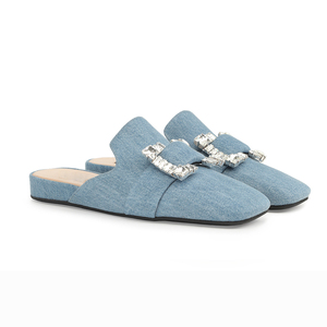 Close Square <b>Toe</b> Denim Upper With Crystal Buckle Decoration Flats Mules Ladies Women's Slide Diamond Slipper Sandals - Product Image 1