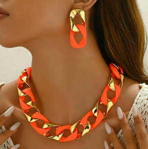 Ensemble collier et boucles d'oreilles en acrylique mat, maillons cubains carrés, pour femme, style hip-hop, bijoux et accessoires color block - Product Image 5