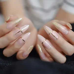Long Sharp Good Quality Faux Ongles Gorgeous Gold Designed Beauty Fake Nail Pointed Artificial Daily Nail Art Tips L5266