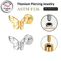 Piercing Labret Papillon Freya sans filetage ASTM F136 à dos plat avec zircon pour Hélix, Tragus, Conch, Lèvre