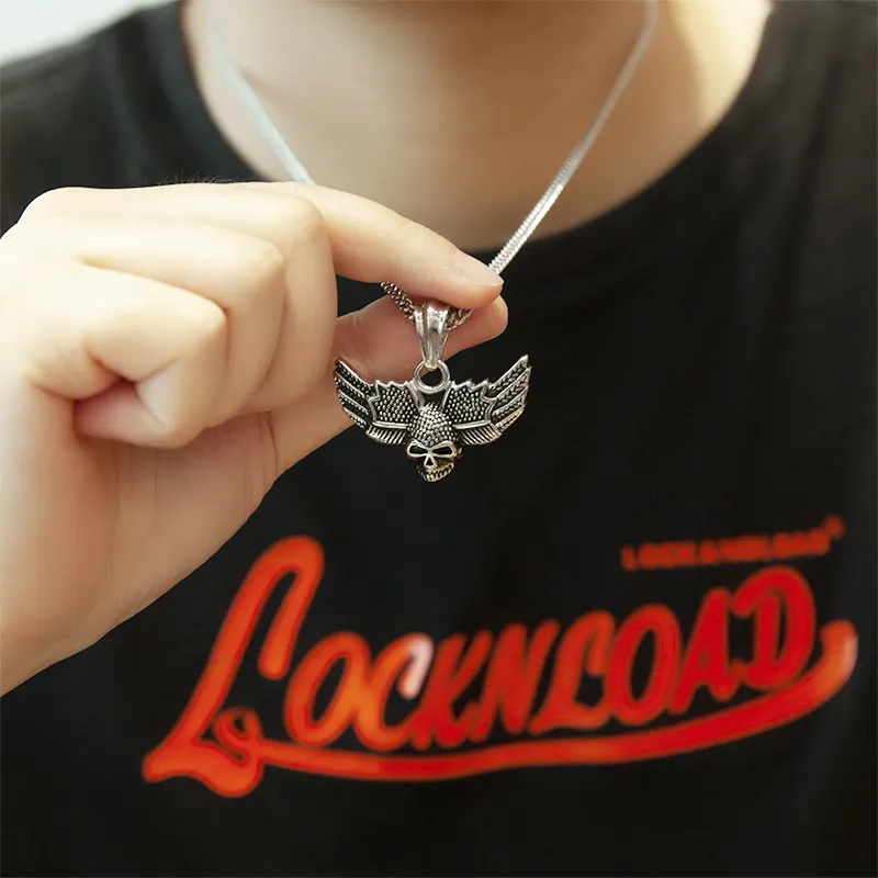 Wholesale Halloween Stainless Steel Necklaces Punk Male Feathered Angel Wing Double-Winged Skull Pendant