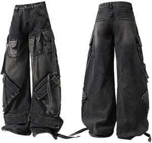 <span class=keywords><strong>Vaqueros</strong></span> Cargo Grises Vintage Personalizados para <span class=keywords><strong>Mujer</strong></span>, <span class=keywords><strong>Pantalones</strong></span> de Mezclilla con Múltiples Bolsillos, Cintura Alta, Estilo Urbano, Pierna Ancha y Holgados - Product Image 4
