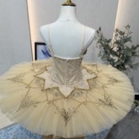 Gaun Tutu Balet Profesional Warna Emas untuk Anak Perempuan, Model Pancake Tutu untuk Pertunjukan & Kompetisi Swan Lake