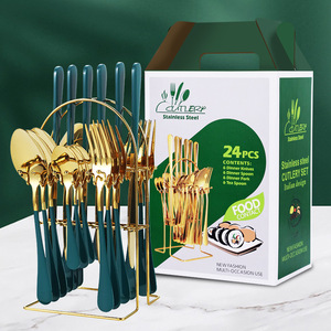 Ensemble de couverts en acier inoxydable 24 pièces, manches dorés et rouges, passe au lave-vaisselle, pour service de table - Product Image 2