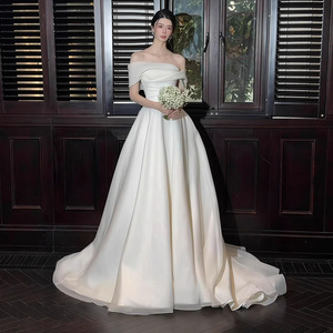 French Style Off Shoulder Wedding Dress White Natural Waistline Short Train Elegant Brides Gown Coming Of Age Ceremony - Product Image 1