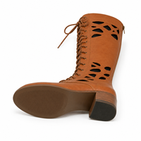 Bottes hautes marron à lacets découpées pour femmes, talon carré, chaussures de mode, vente en gros, fournisseur d'usine OEM ODM, partenaire