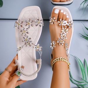 Women Square Toe Rhinestone Flower <b>Sandals</b> Transparent Strap <b>Elastic</b> Ankle Strap Flat Summer Beach Ladies <b>Sandals</b> - Product Image 2