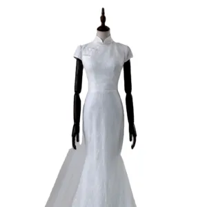 Chinese styles High collar short sleeves lace mermaid trumpet wedding dress backless pearls tulle train bridal gown