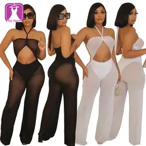 Best Seller Transparent Mesh Sexy Sleeveless Halter Rompers Summer Hollow Out Women See Through Jumpsuits