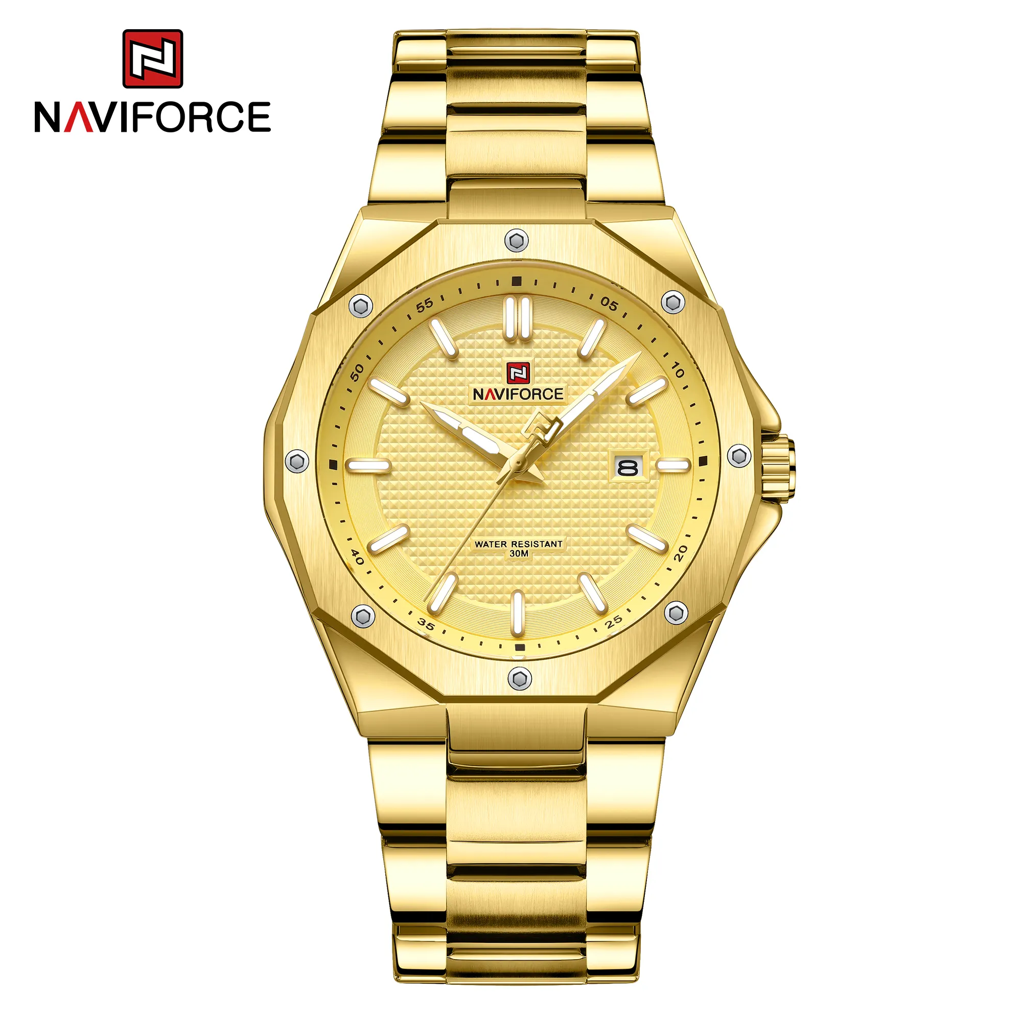 Naviforce Jam Tangan Kuarsa Pria, Arloji Emas 9200 Logo Kustom Kalender Merek Mewah Tahan Air