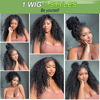 Perruque mi-longue bouclée crépue en cheveux humains, densité 200%, ligne de cheveux invisible, bandeau à cordon de serrage 3 en 1, sans colle