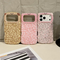 Funda de Teléfono Móvil de Felpa con Diseño de Leopardo de Dibujos Animados y Lazo para Orejas, para iPhone 17 16 15 14 13 Pro Max, Linda Funda Trasera 3D de Tela con Gato