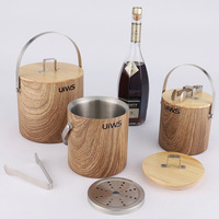 Seau à glace portable en acier inoxydable double paroi, style luxe léger, finition grain de bois de pêche, design moderne et minimaliste, capacité 1,4L-3,0L