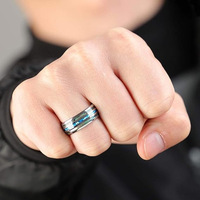 Bague en acier inoxydable en forme de U pour homme, best-seller, avec accents de coquille d'ormeau et textures de pierres colorées, style minimaliste