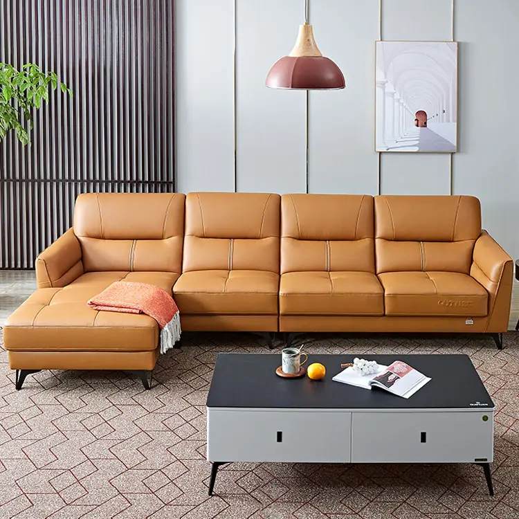 102568 inek derisi turuncu lüks tasarım köşe deri mobilya kanepe seti oturma odası için modern