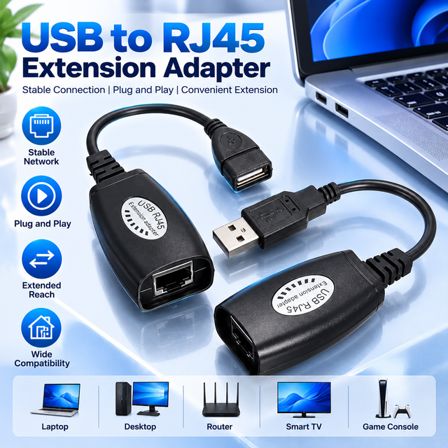 USB 2.0 RJ45 Extension Adapter Over Cat5 Cat5e Cat6 Cable USB to RJ45 Signal Extender for Long Distance Transmission