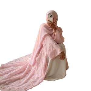 Elegant Pink Floral Applique Abaya <b>Long</b> Sleeve Modest <b>Dress</b> Floor Length Women Muslim Wedding Wear Middle East Style - Product Image 1