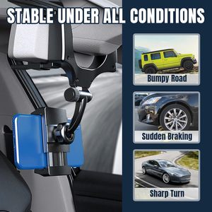 Support de téléphone pour voiture à fixation sur rétroviseur, rotation à 360°, dégagement rapide à un bouton, bras télescopique réglable, matériau ABS robuste, fixation sur grille d'aération - Product Image 5