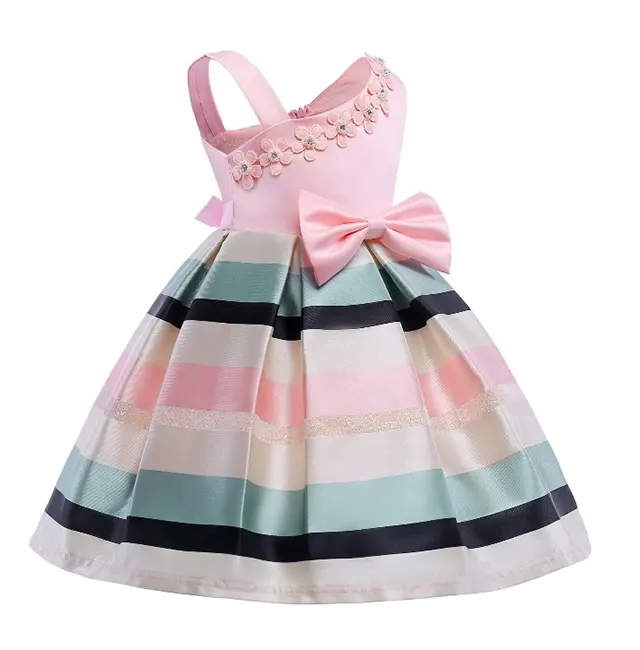 Wholesale baby girl dresses Pearl flower dress for children One-shouldered party dress with horizontal stripes