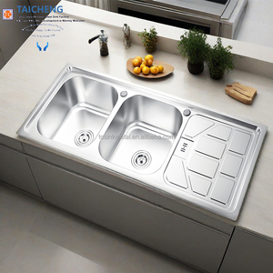 Évier de cuisine en acier inoxydable à double bac de 48 x 20 pouces avec égouttoir intégré sans robinet, deux trous - Product Image 1