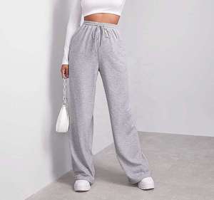 Pantalon de survêtement gris en coton pour femme, taille haute, coupe large, avec cordon de serrage, décontracté, ample, longueur intégrale, couleur unie - Product Image 1