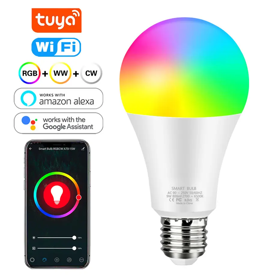Tuya Bohlam Lampu Berubah Warna RGBCW LED, Bohlam Lampu LUMIMAN LED WiFi Cerdas Berfungsi dengan Alexa Echo Google Home