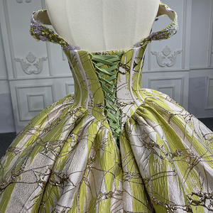 Robe de bal en tissu brocart floral 3D or jaune, épaules dénudées, style princesse, 6568-B - Product Image 5