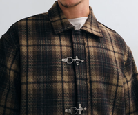 Veste décontractée élégante pour homme en tissu écossais noir et blanc avec garniture en cuir PU, simple boutonnage, automne