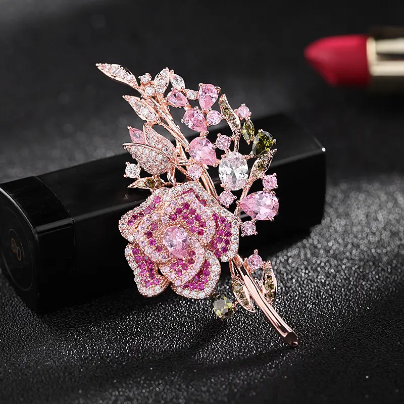 PAVA women luxury rose flower leaf rhinestone brooches pin wedding small brooch zircon bride pink rose brooches