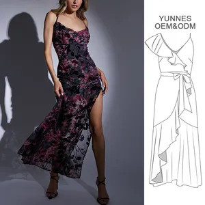 YUNNES Velvet Ditsy Floral Vestidos casuales de mujer Escote profundo Sexy Prom Party Evening Maxi Vestido largo