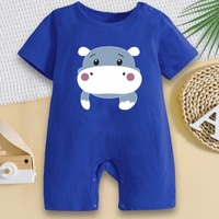 Romper Bayi Musim Panas 2026 Motif Hippo 100% Katun Lengan Pendek Warna Biru Kancing Tekan di Selangkangan untuk Pakaian Anak Laki-laki