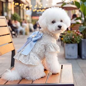 Wholesale Cotton <b>Light</b> Blue Lace <b>Dog</b> Dress-Summer Spring Satin Bow & Ruffled Hem for Elegant Formal Princess Style - Product Image 3