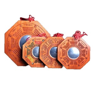 Peach Wood Hexagon Convex Concave <b>Mirror</b> Set 4Pcs Handmade Feng Shui Decorative <b>Craft</b> For Religious Temple Use - Product Image 1