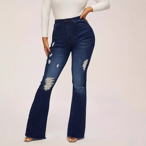 Nuovi Jeans a Zampa d'Elefante Blu Vintage con Vita Alta Elasticizzata e Gamba Lunga per <span class=keywords><strong>Donna</strong></span> - Product Image 1