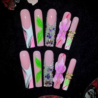 TK Faux Ongles Longs Carrés Faits Main à Presser, Motifs Floraux 3D Colorés, Tendance Printemps 2026, Vente Chaude