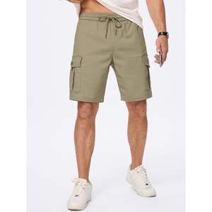 Pantalones cortos cargo elásticos informales para hombre 2025, pantalones cortos de trabajo de verano con cintura elástica y cordón clásico con logotipo teñido liso multibolsillos - Product Image 3