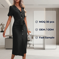 Robe midi décontractée pour femme, ceinturée, à lacets, coupe trapèze, col en V, manches courtes, boutonnée sur le devant, élégante pour le quotidien, fabricant OEM ODM