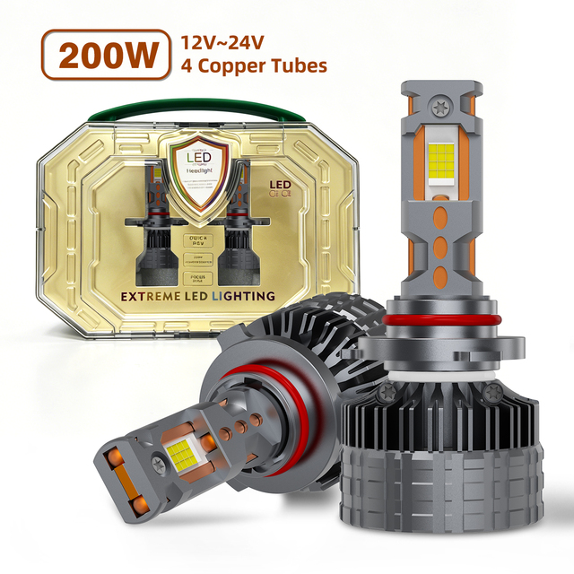 Custom T4 200W Quad Copper Tube LED Headlight H1 H7 H8 H9 H11 H16 HB3 9005 HB4 9006 6500K 12V 24V External Driver Canbus