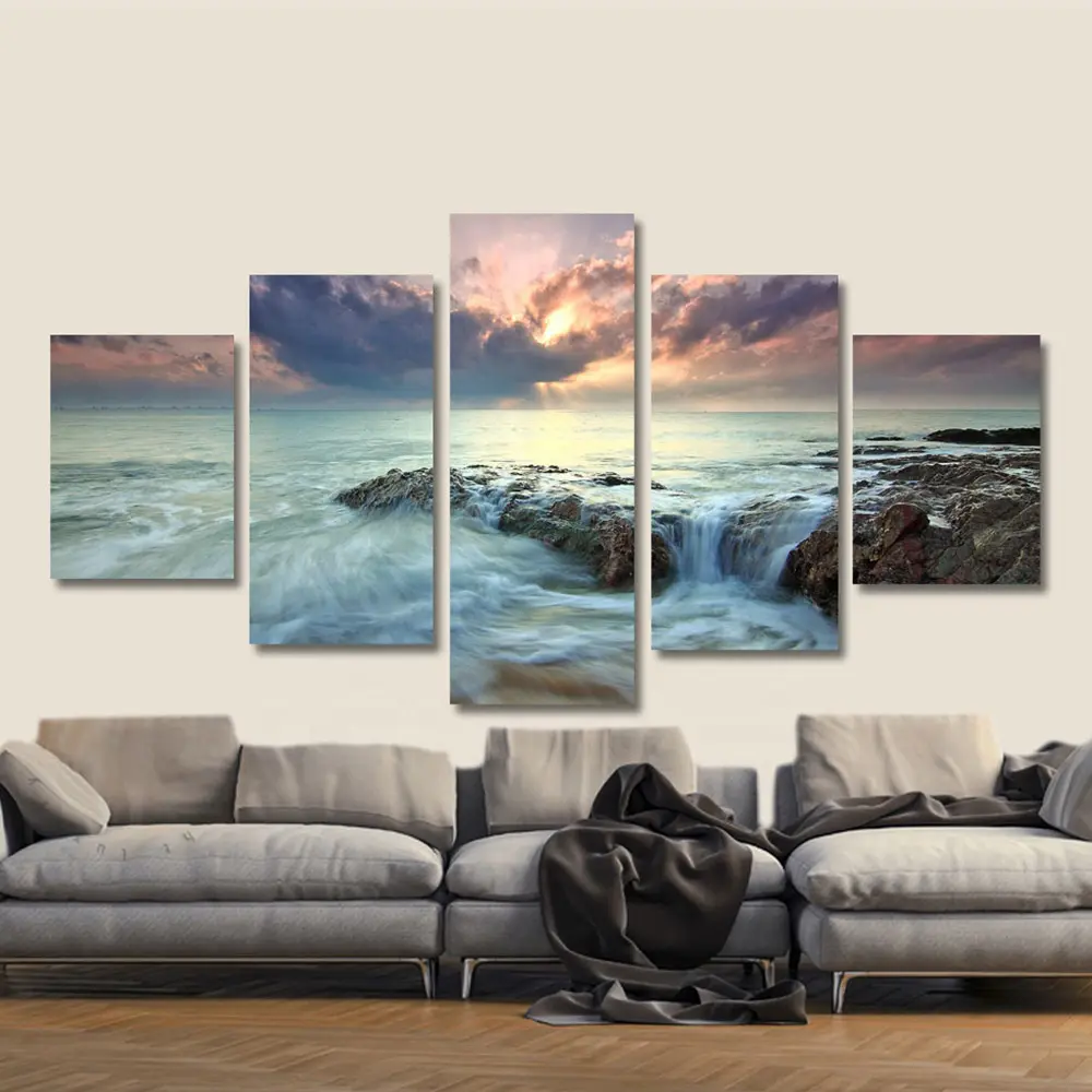 5 panel printed canvas art beach sea rock Flower Rose wall art for home decor