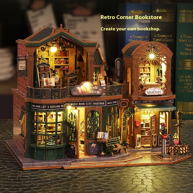 Bookstore DIY Miniature House Handcrafted Assembly Model Toy with Sets for Gift or Home Decoration