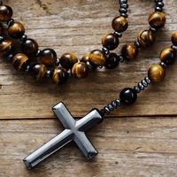 Collier pendentif chapelet catholique en perles d'œil de tigre naturel et onyx, avec croix en hématite, pour couples, bijoux pour hommes et femmes