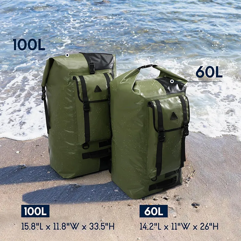 Extra Large Waterproof Backpack Gear 60L 100L Roll Top Dry Bags Backpack for Kayaking Hiking Travel Camping