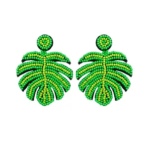 boho bohemian glass rice seed beads beaded plant leaf shape dangle drop earring women earrings jewelry accessories distributors