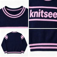 Pull en tricot à col rond en coton personnalisé pour femmes, pull rayé à lettres, OEM, étiquette privée, vente en gros