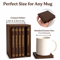 Ensemble de 5 sous-verres de luxe faits à la main en forme de livre en noyer avec support, gravure laser BEVERAGES I V, pour la décoration de bar à domicile ou de mariage